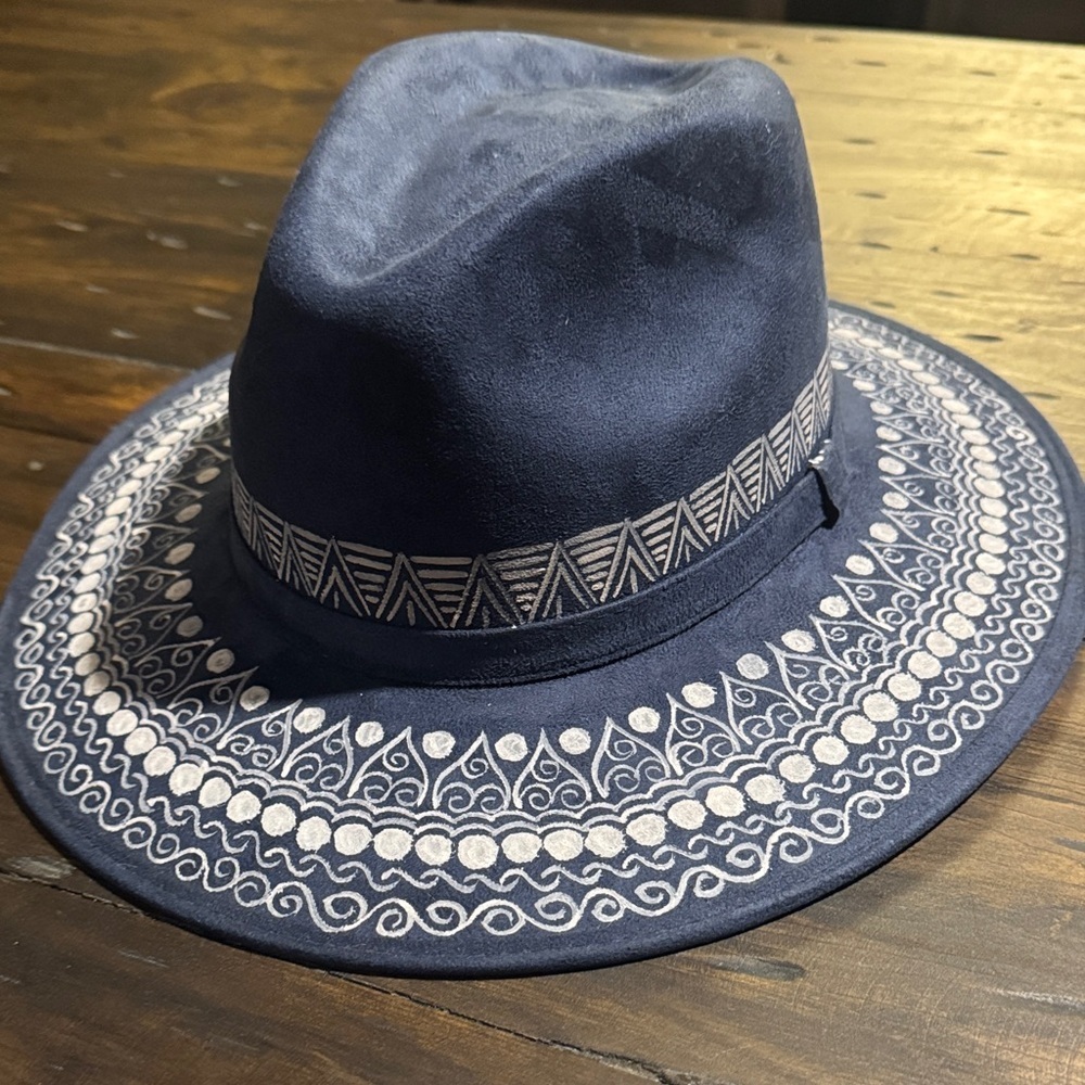 Made in Mexico Hand-Painted Navy Blue Fedora with White Details